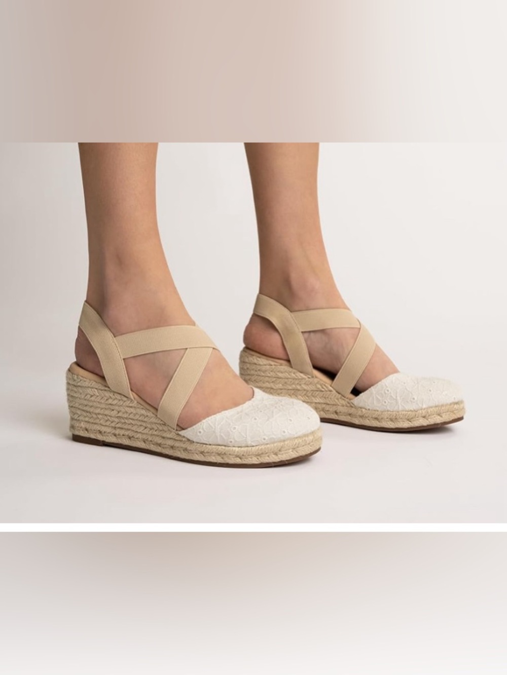 me too Beige and White Espadrille Wedge Sandals